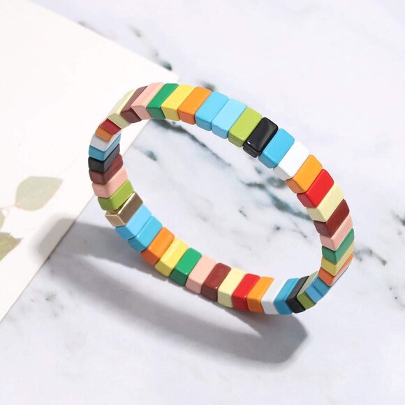 Tile Bracelets Enamel Rainbow Tile Bead Bracelets Colorblock Stackable Stretch B - Picture 6 of 8